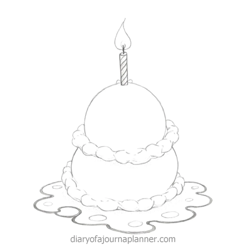 Sketch of a two-tier birthday cake with a single candle on top, surrounded by a decorative icing base.
