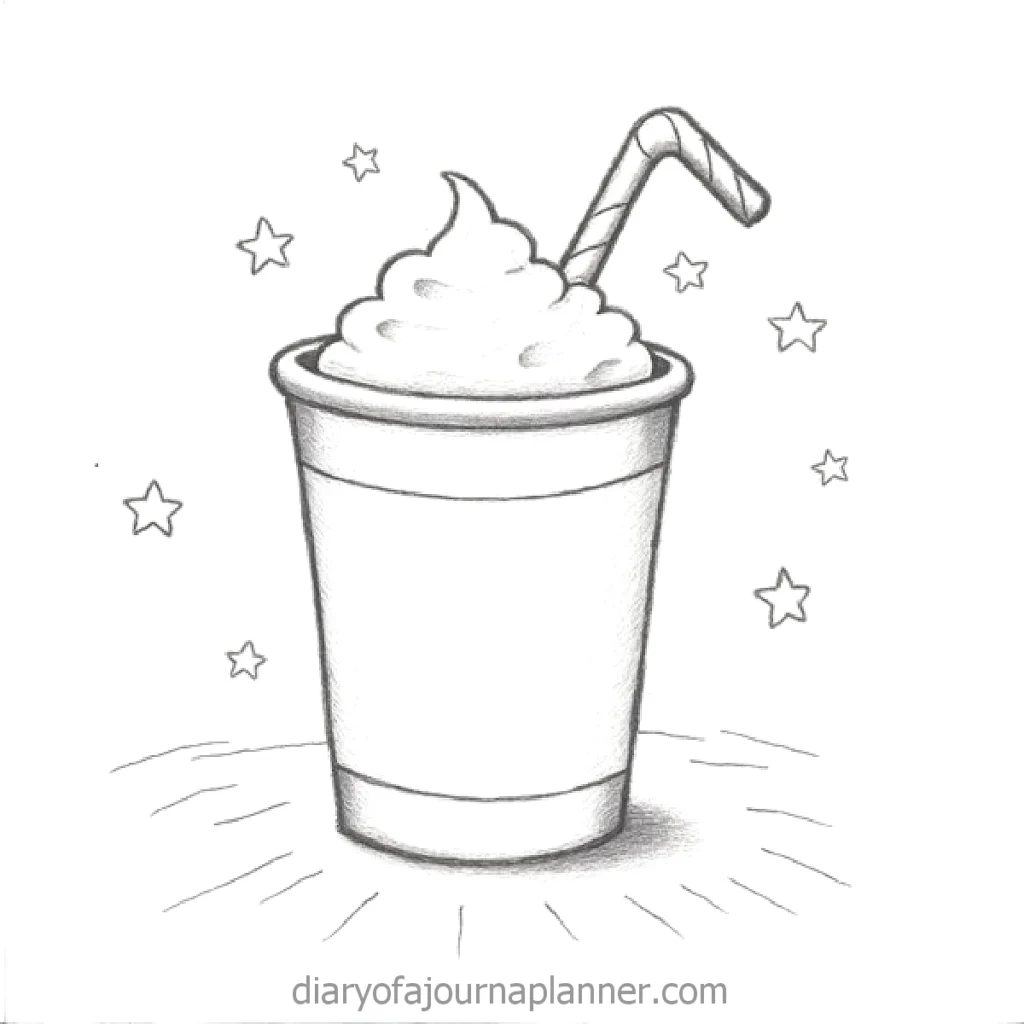 easy happy birthday drawings, Sketch of a milkshake with a straw, surrounded by stars and sparkles, on a white background.