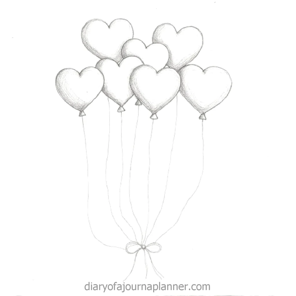 Sketch of heart-shaped balloons tied with strings, floating upwards. Perfect for love and celebration themes.
