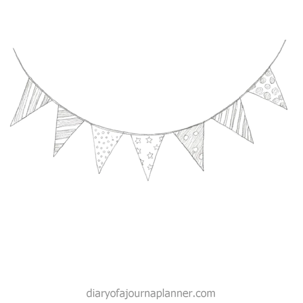 Hand-drawn bunting flags with various patterns for decoration or event celebrations.