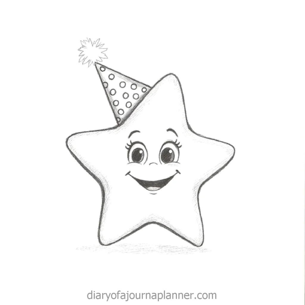 Smiling star with a polka dot party hat, sketch illustration for celebrations and festive themes.
