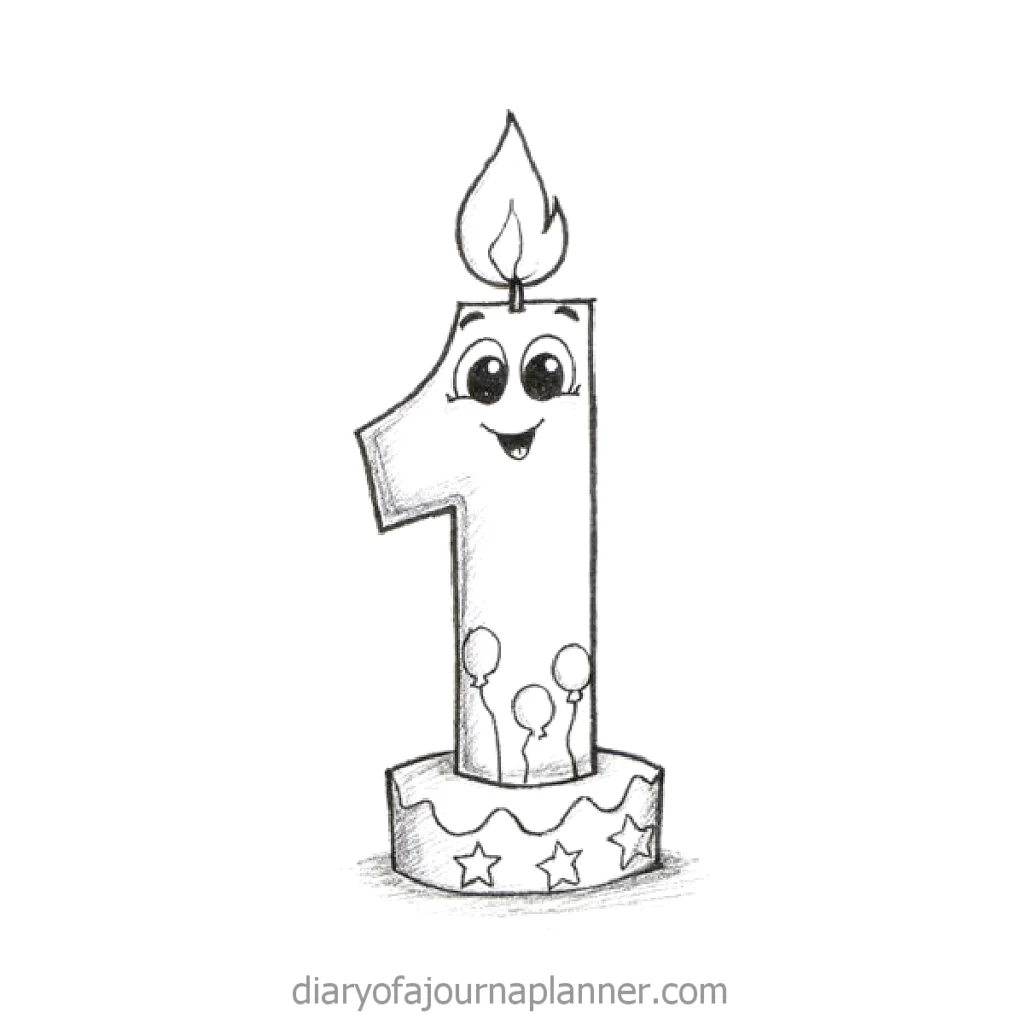 Smiling number one candle with a flame, decorated with balloons and stars, perfect for first birthday celebrations.