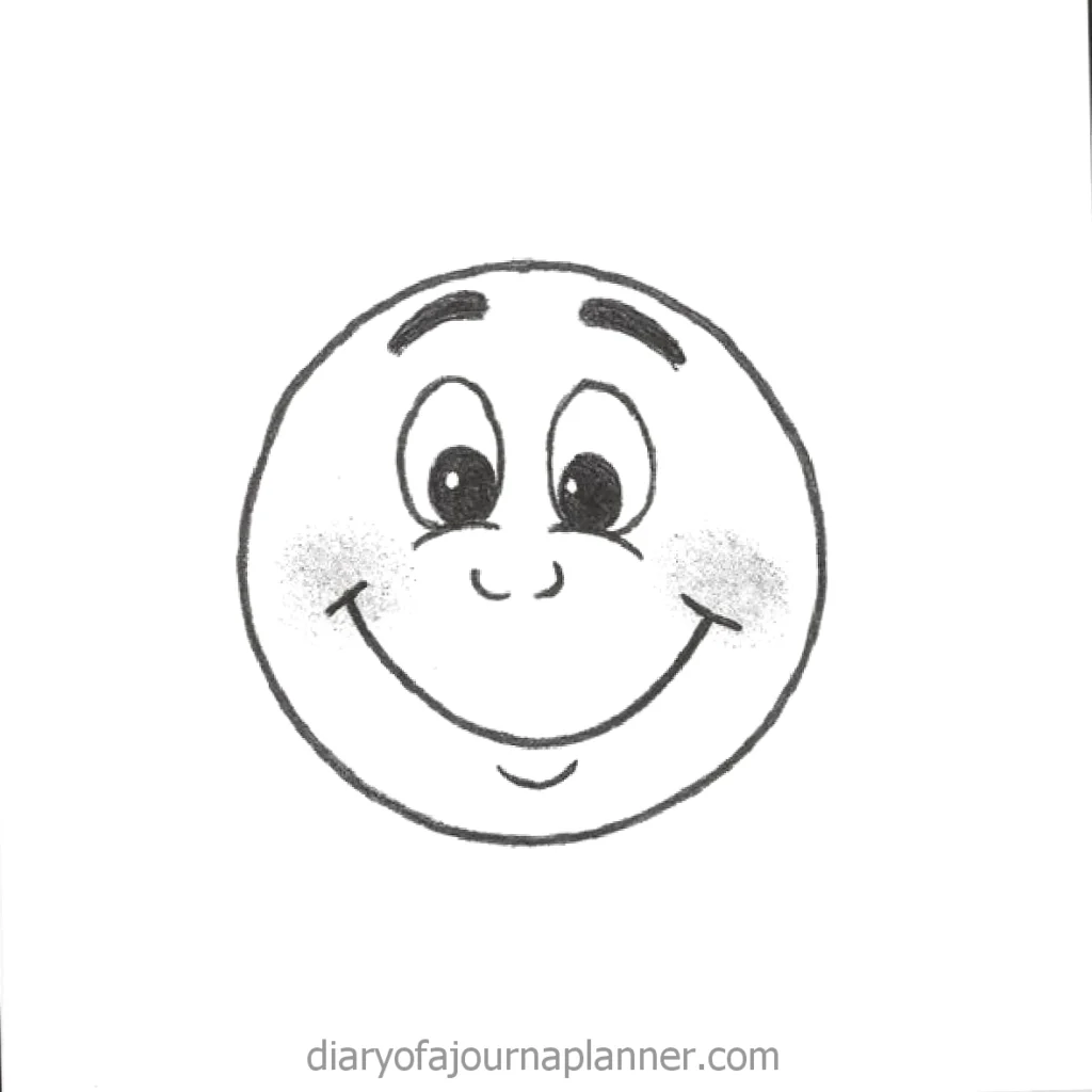 Hand-drawn smiling face with expressive eyes, conveying happiness and positivity, sketched on a white background.