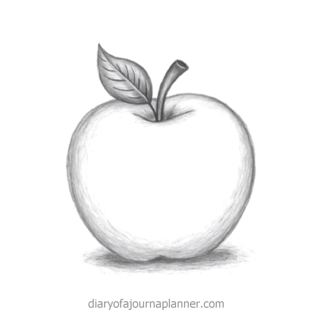 Black and white pencil sketch of an apple with a leaf on top, showcasing artistic shading technique.