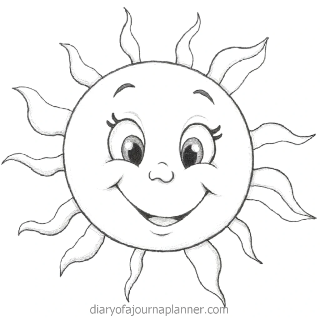 Smiling cartoon sun with wavy rays, drawn in pencil, conveying happiness and warmth.