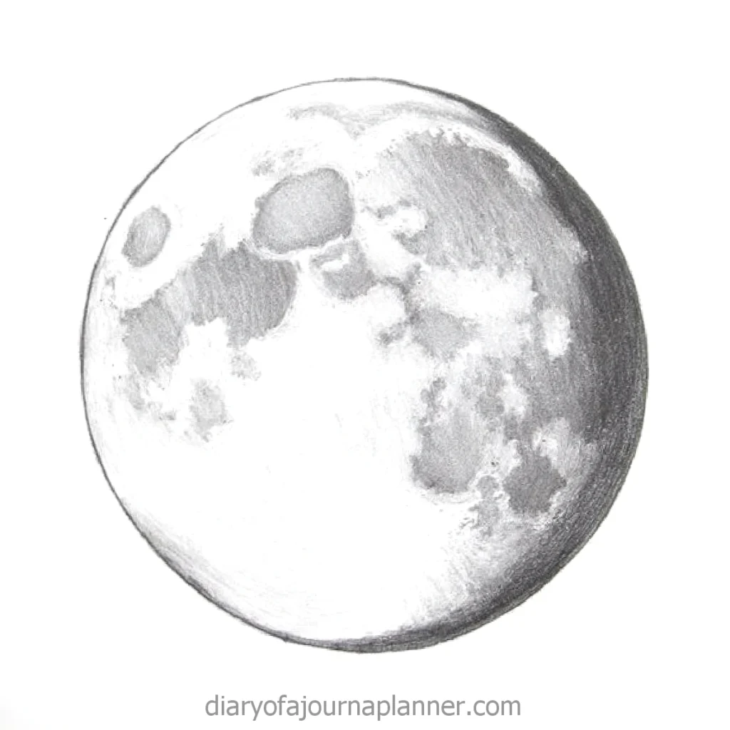 Hand-drawn moon illustration in black and white, showcasing craters and shadows.