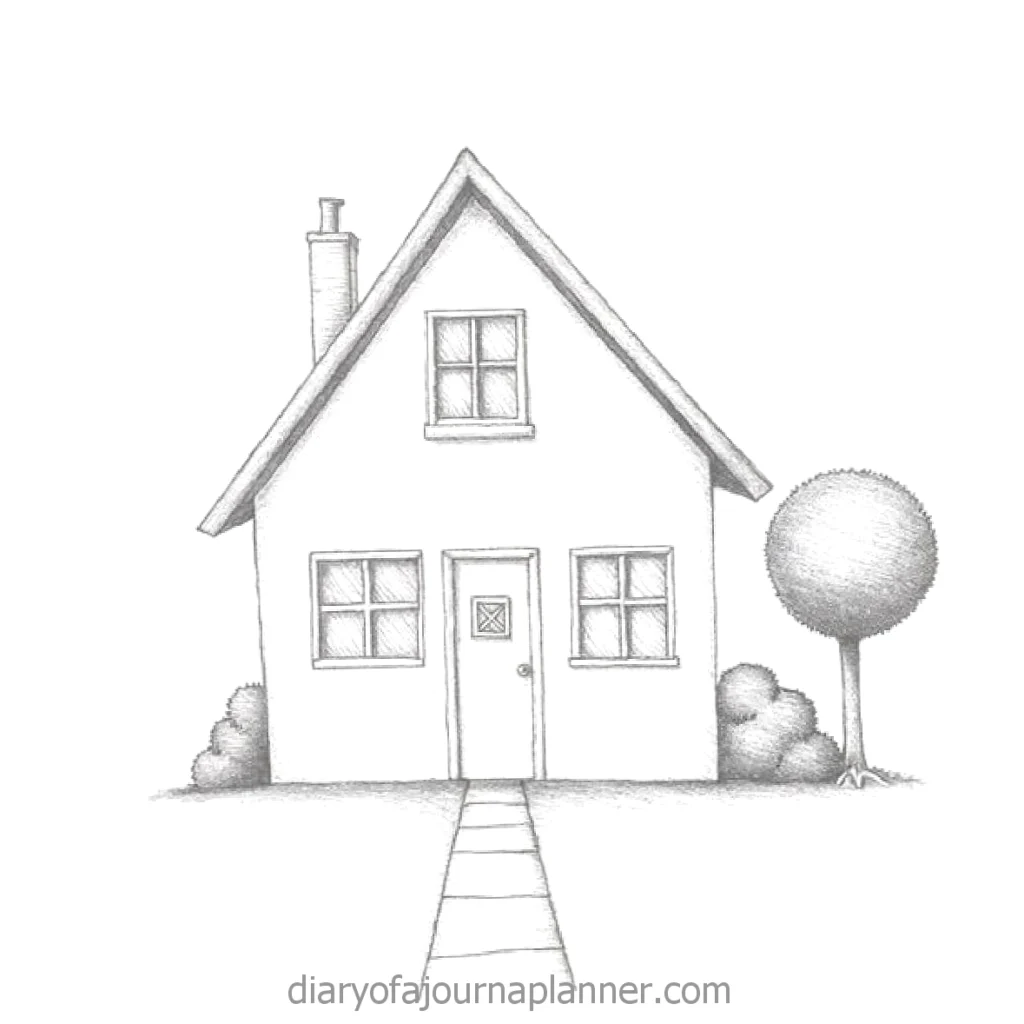 Simple sketch of a cozy house with a chimney, windows, and a tree, perfect for planning or journaling themes.