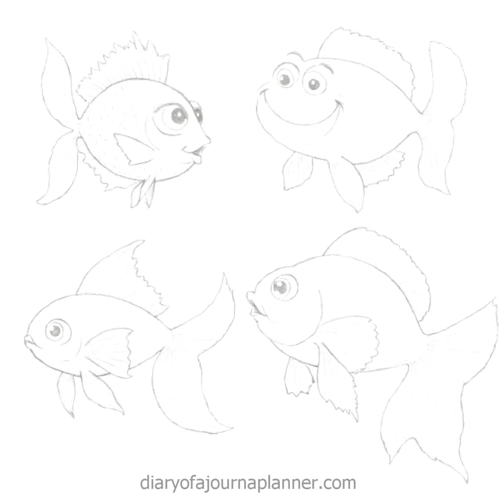 Sketch of four cartoon fish with expressive faces, showcasing different fin shapes.