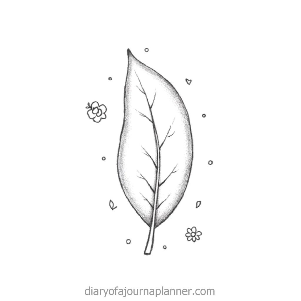 Simple black and white leaf sketch surrounded by small decorative flowers and dots.