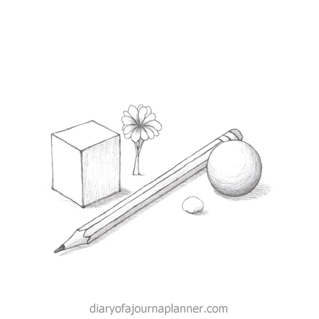 Hand-drawn sketch of geometric shapes, pencil, flower, and shading practice for art and design concepts.