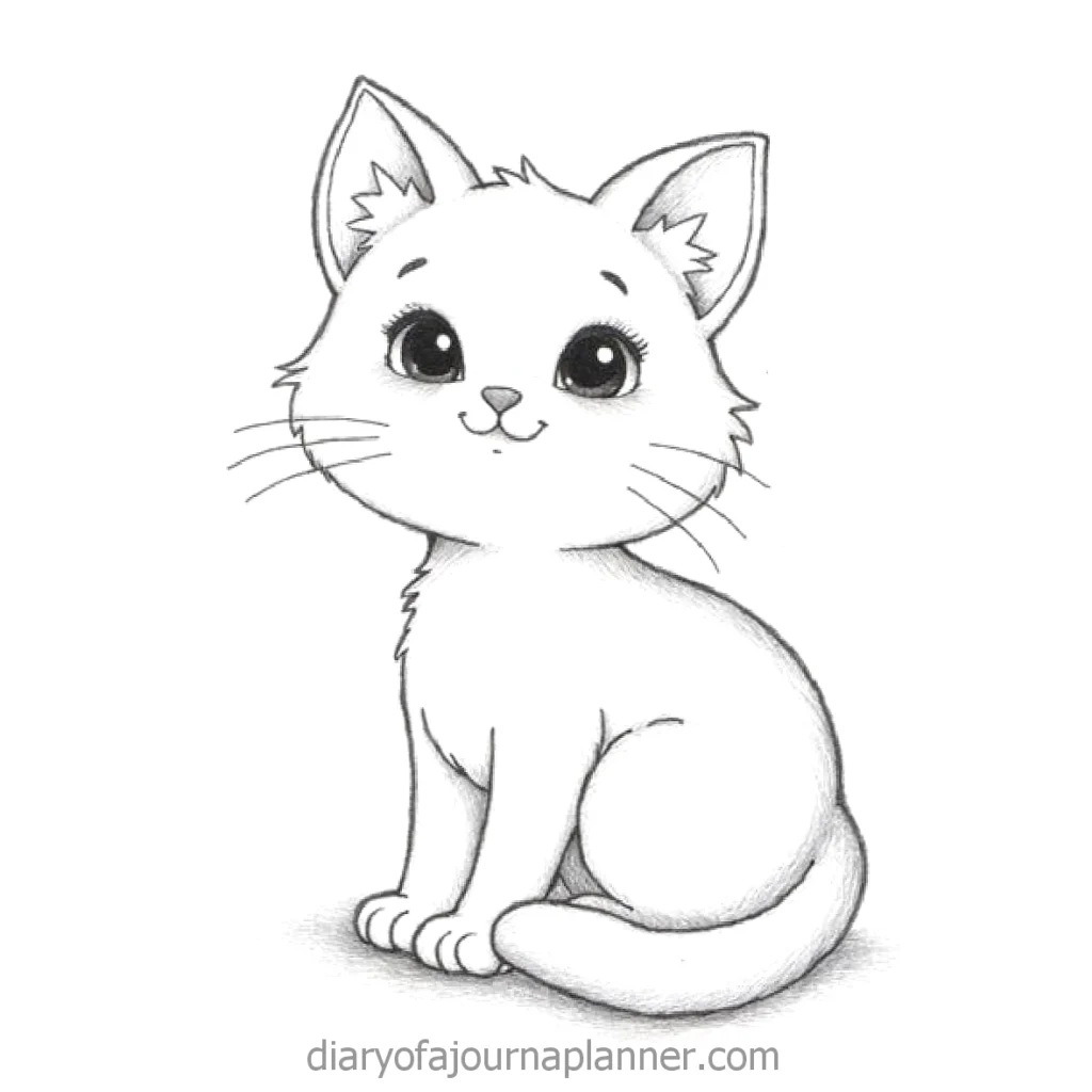 Cute cartoon kitten sketch with big eyes sitting, drawn in black and white.