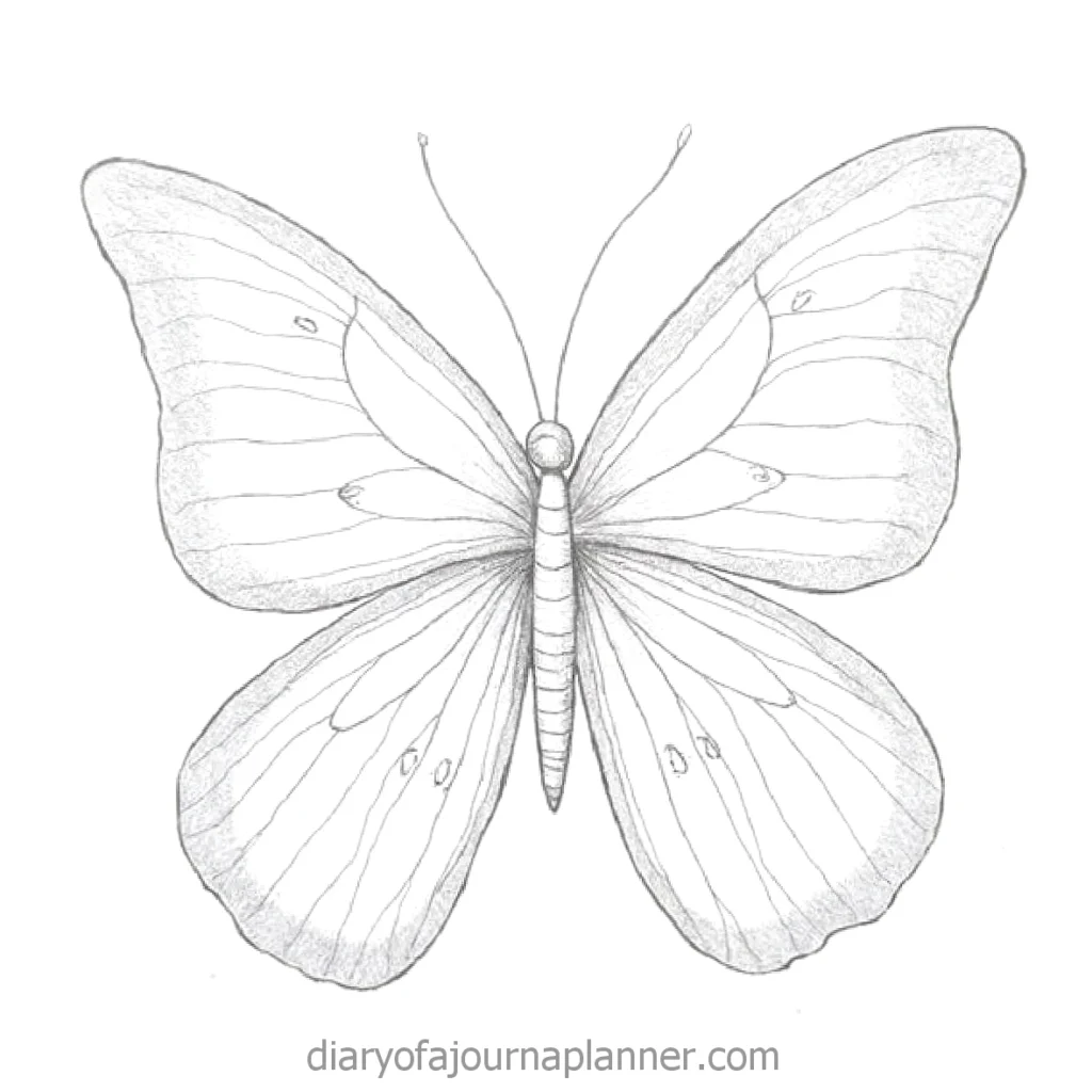 Detailed pencil sketch of a butterfly with open wings, highlighting intricate patterns and delicate textures.