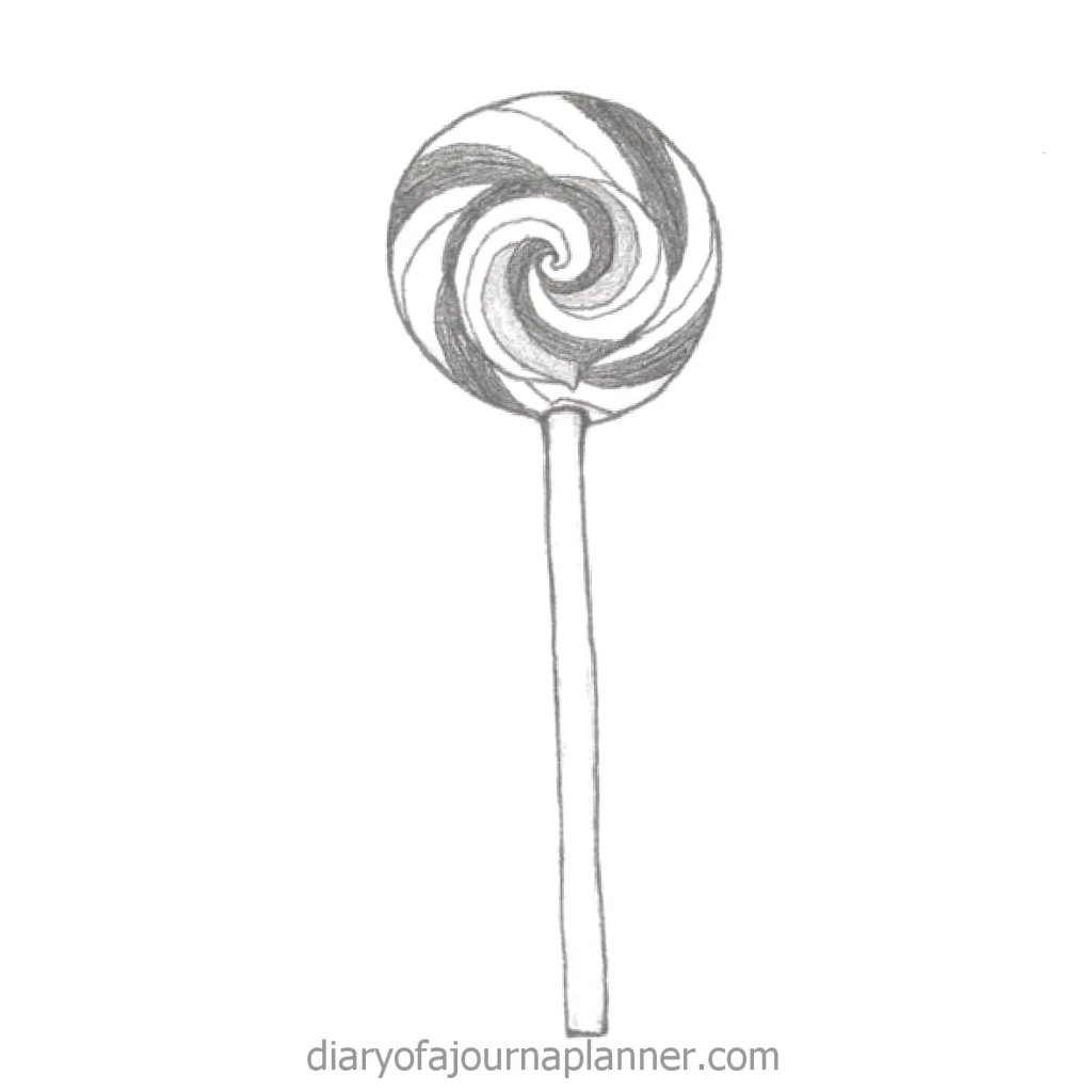 Black and white sketch of a swirl lollipop on a stick. Minimalist candy drawing for coloring pages.