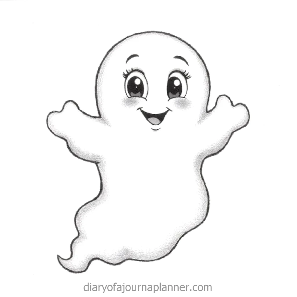 Cute cartoon ghost with open arms and a cheerful smile, perfect for Halloween designs and decorations.