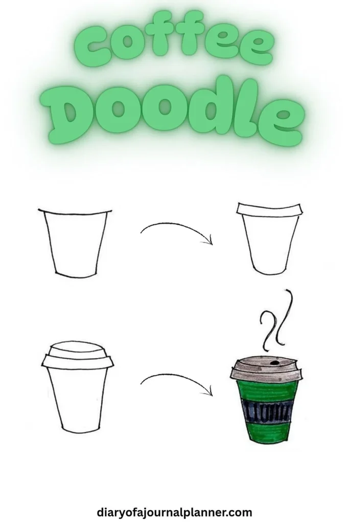 Step-by-step guide to drawing a coffee cup doodle with arrows and color.