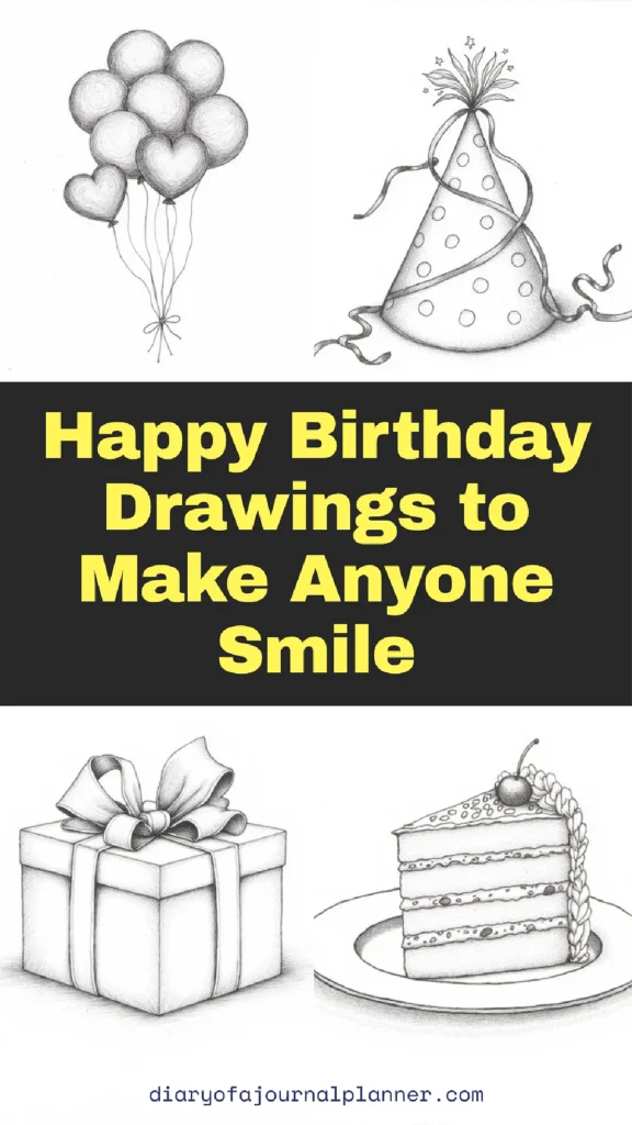 Black and white birthday sketches: balloons, party hat, gift box, and cake slice. Happy Birthday Drawings text.