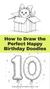 Cute cat in a gift box and balloon number 10. Guide on drawing birthday doodles.