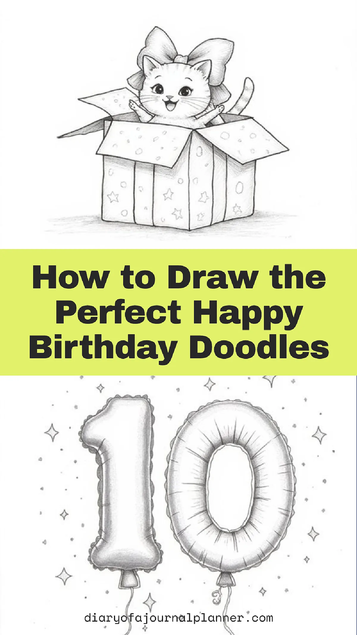 Cute cat in a gift box and balloon number 10. Guide on drawing birthday doodles.