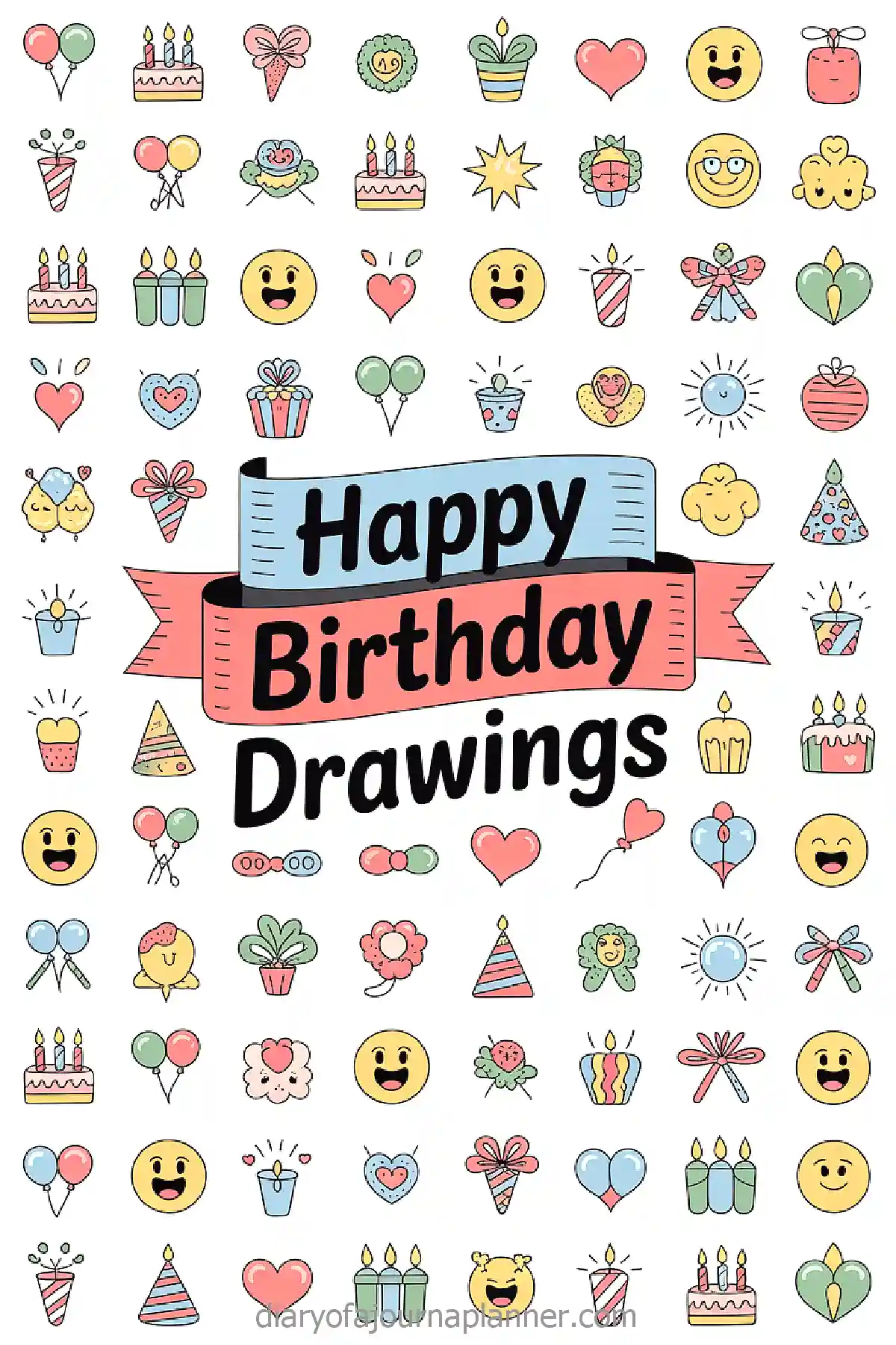Cute birthday-themed drawings: cakes, balloons, emojis, hearts, and gifts surround Happy Birthday Drawings text banner.