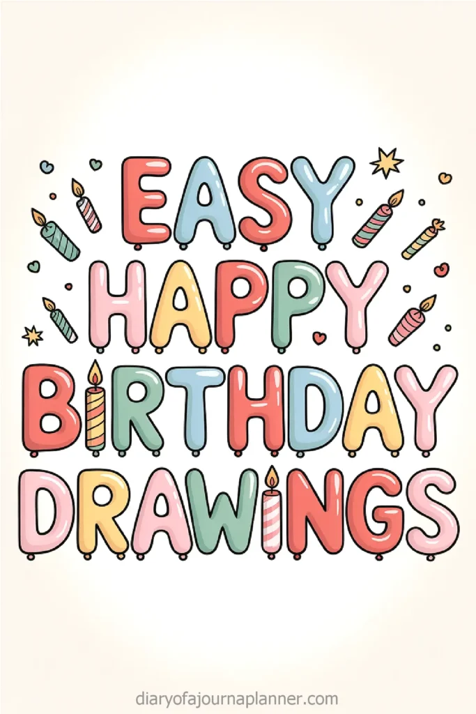 Colorful Easy Happy Birthday Drawings text with candles and stars, perfect for festive design inspiration.