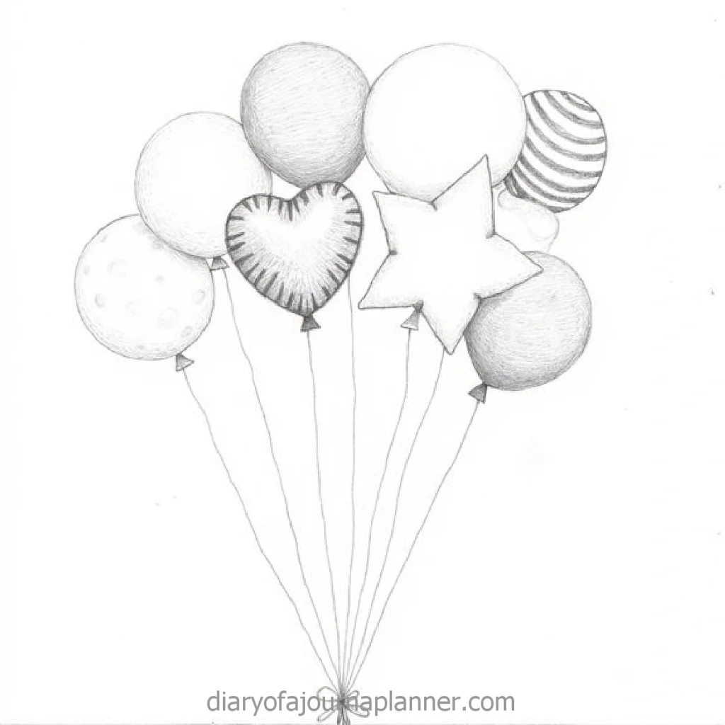 Sketch of various balloons, including star and heart shapes, in a cluster. Simple monochrome pencil drawing.