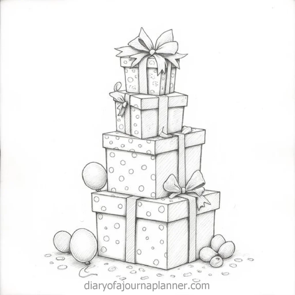 Illustration of stacked gift boxes with ribbons and balloons, perfect for celebrations and festive occasions.