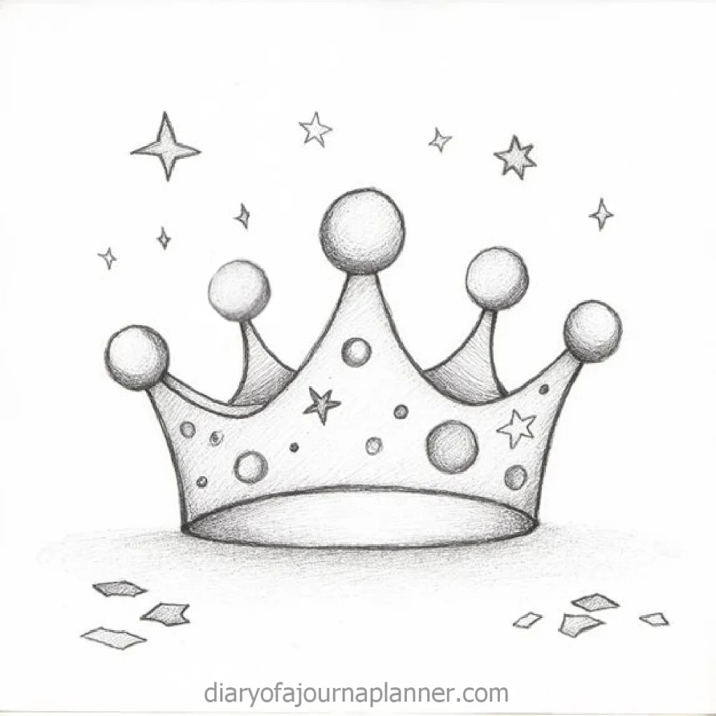 Hand-drawn crown with stars and dots, artistic sketch in pencil style, creative journal planner design.
