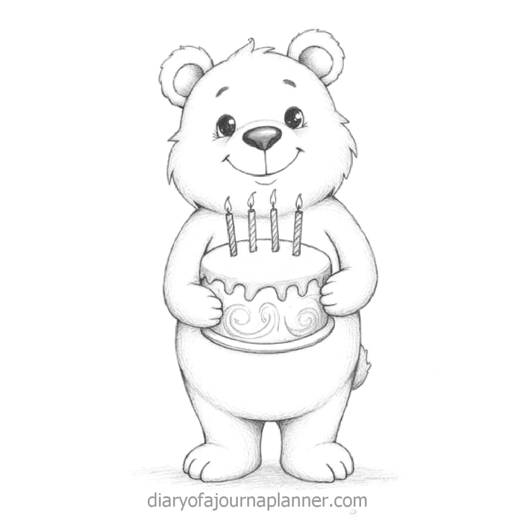 Cute bear holding a birthday cake with smiling expression and four lit candles in a pencil sketch style.