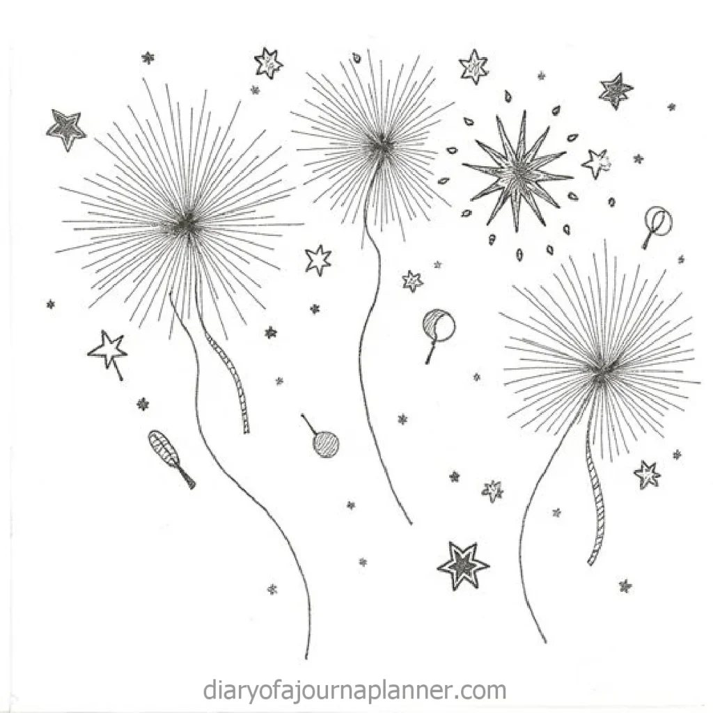 Whimsical black and white doodles of stars and fireworks on a white background, creating a festive design.