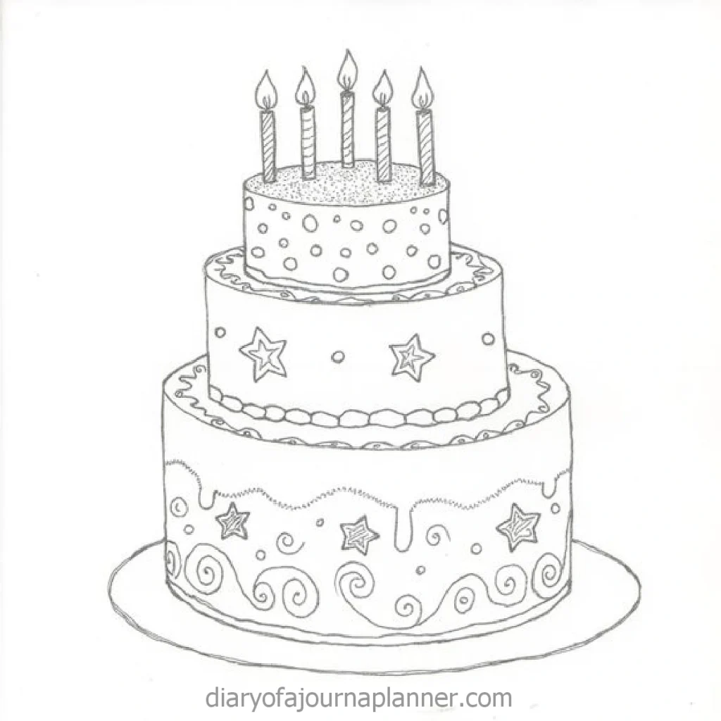 Sketch of a three-tier birthday cake with five candles and decorative stars and swirls.