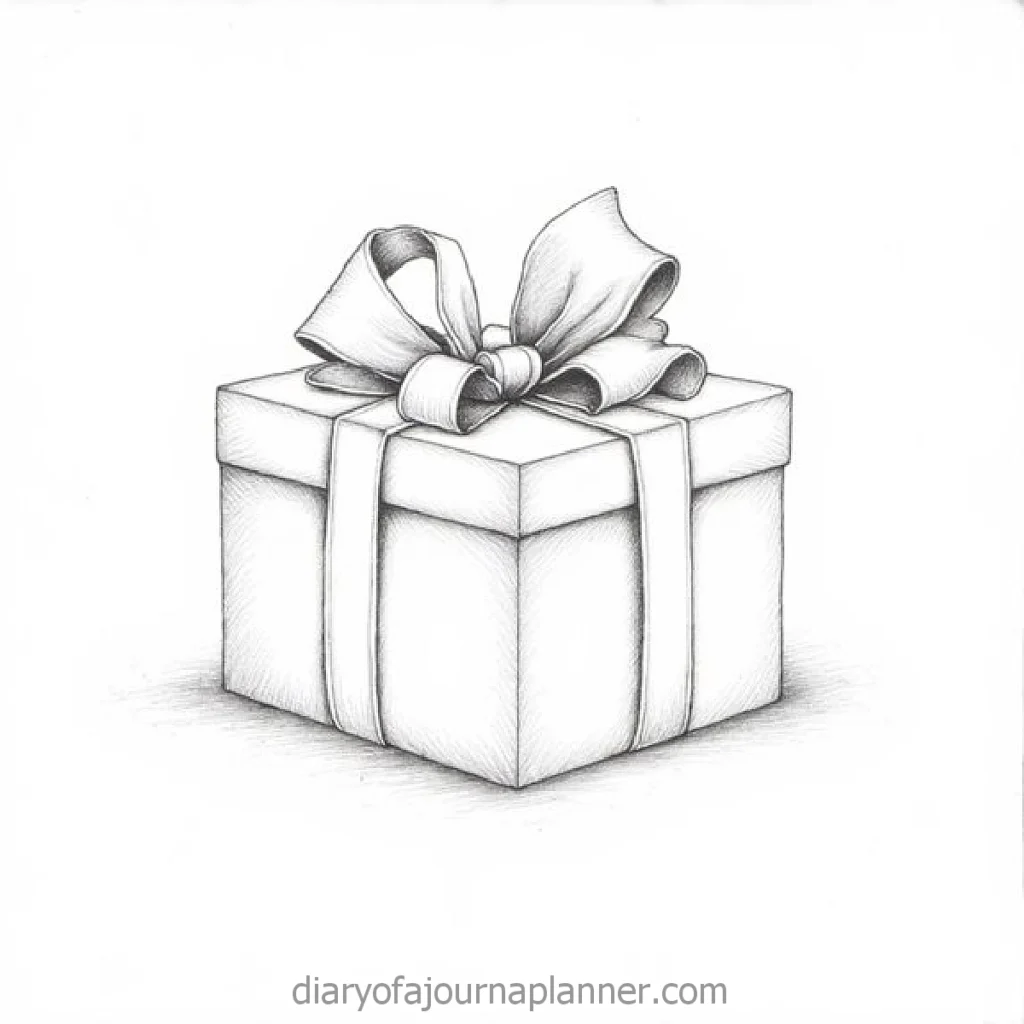 Hand-drawn gift box with ribbon, ideal for celebrations and special occasions. Black and white sketch.