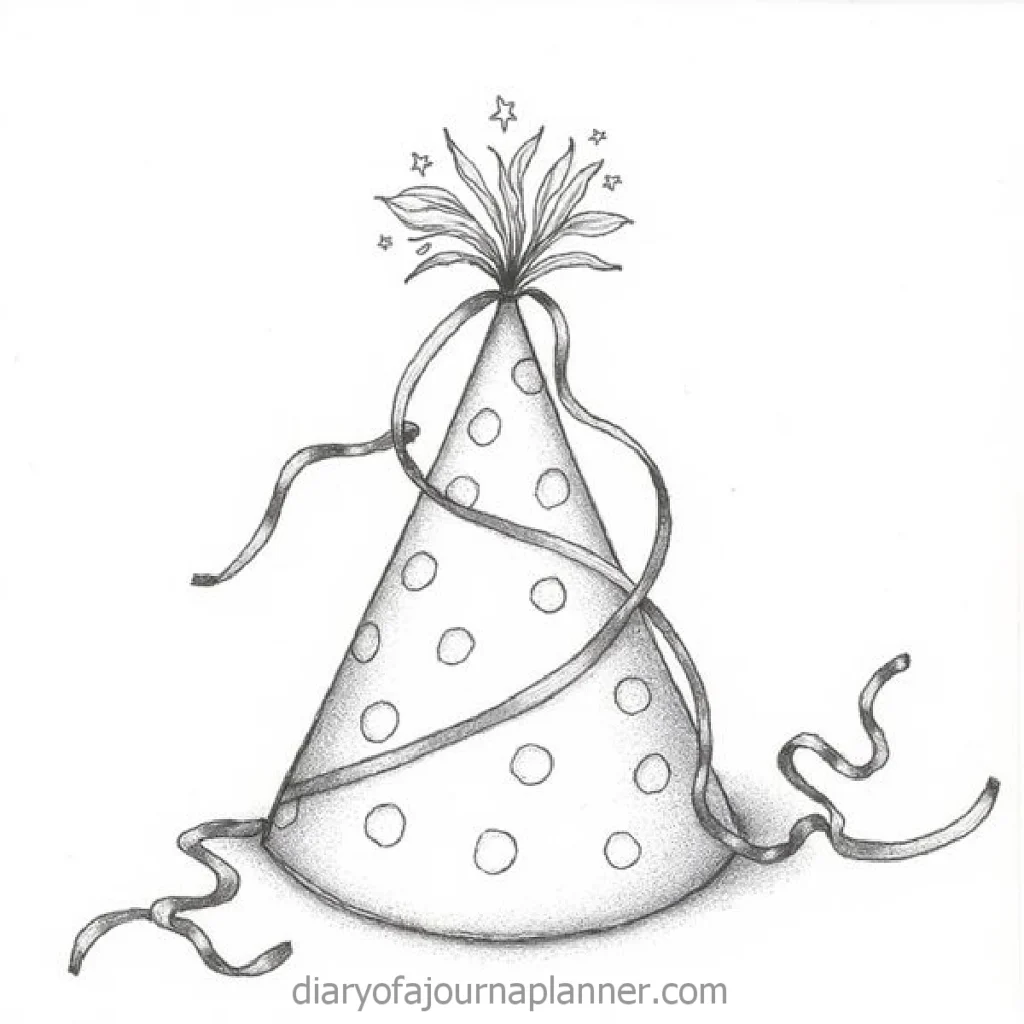 Hand-drawn party hat with polka dots and ribbons for festive celebration theme.