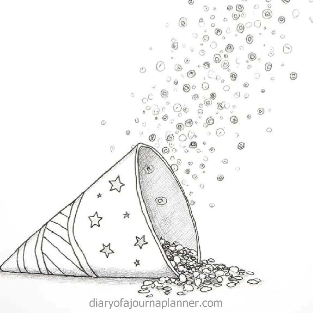 Illustration of a festive party hat spilling confetti, with star decorations and detailed pencil drawing style.