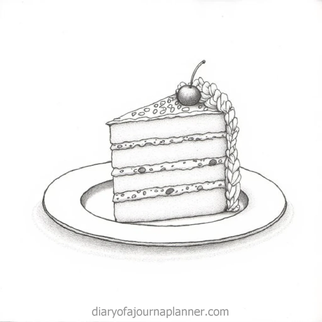 Illustrated slice of layered cake on a plate with a cherry on top.