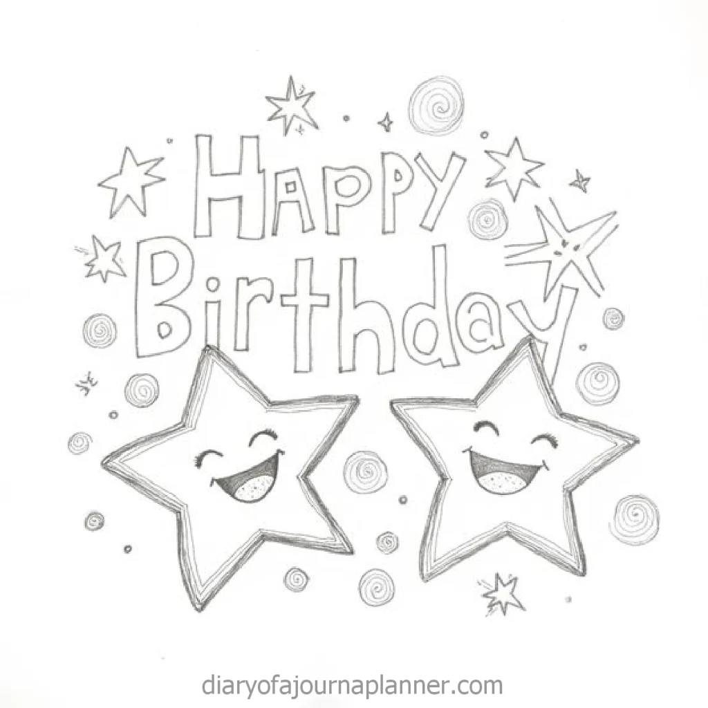 Pencil-drawn Happy Birthday with smiling stars and swirls for festive birthday wishes.