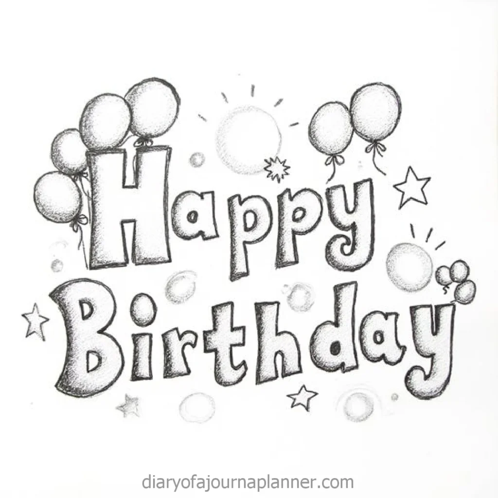 Sketch of 'Happy Birthday' with balloons, stars, and circles for a festive celebration theme.