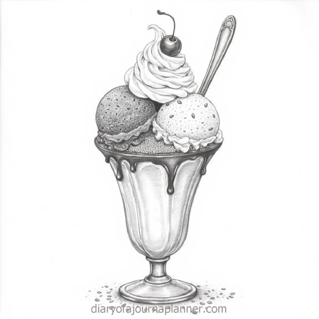 Black and white sketch of an ice cream sundae with cherries, whipped cream, and a spoon in a glass dish.