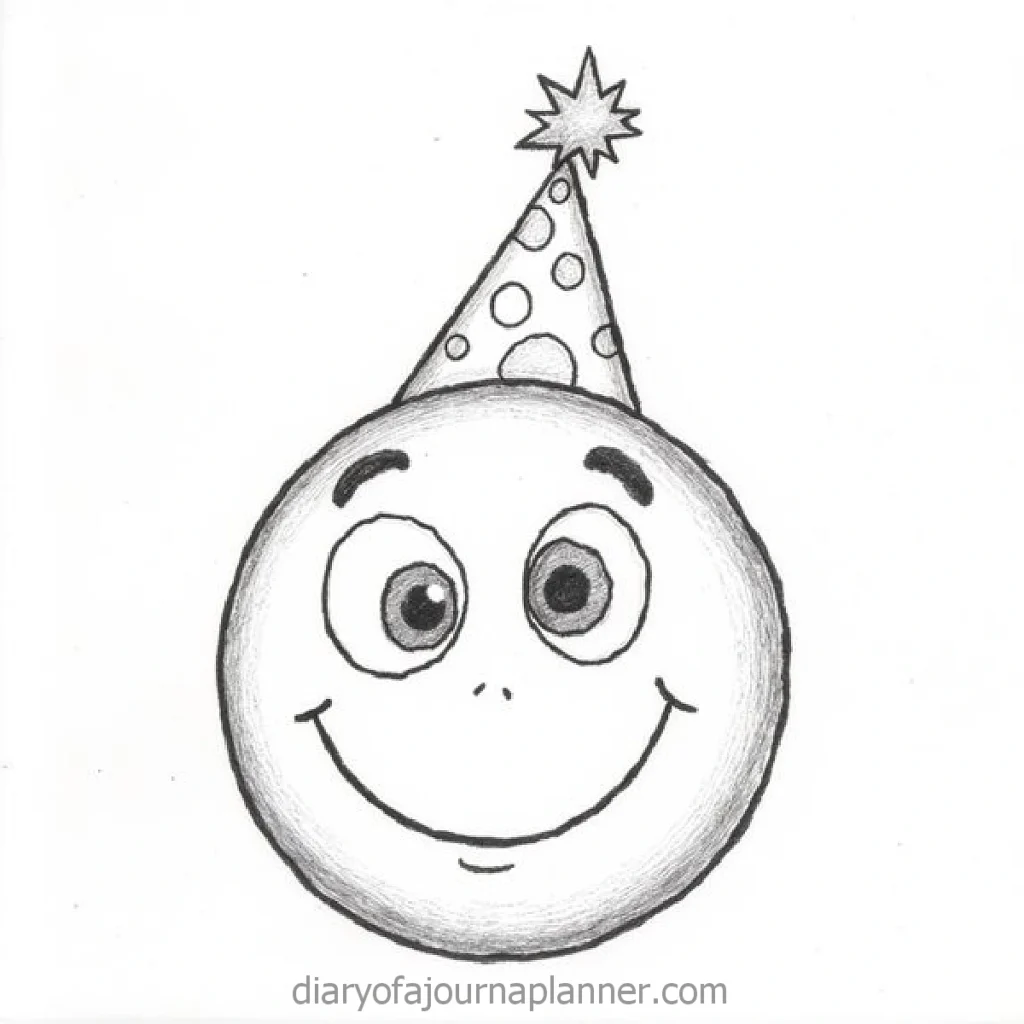 Smiling emoticon drawing with party hat, celebrating joy and festivity, black and white sketch.