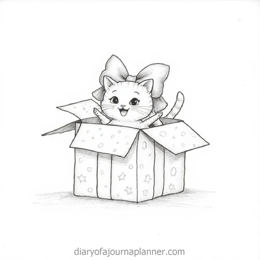 Cute kitten with a big bow peeking out of a decorated gift box, joyful and playful illustration.