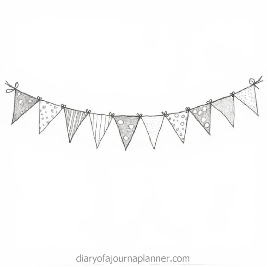 Hand-drawn bunting illustration with various patterns, including stripes and polka dots, on white background.