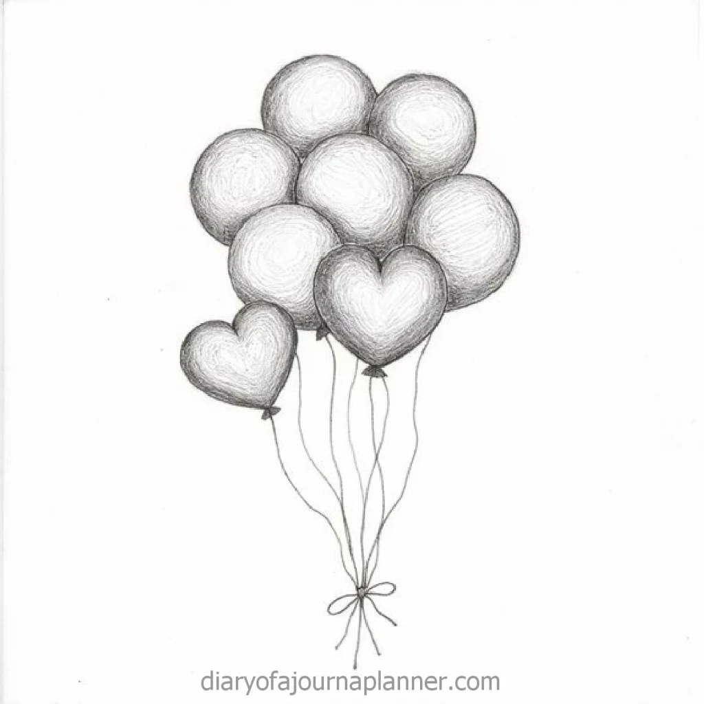 Sketch of heart and round balloons tied together, floating with strings, on a white background.