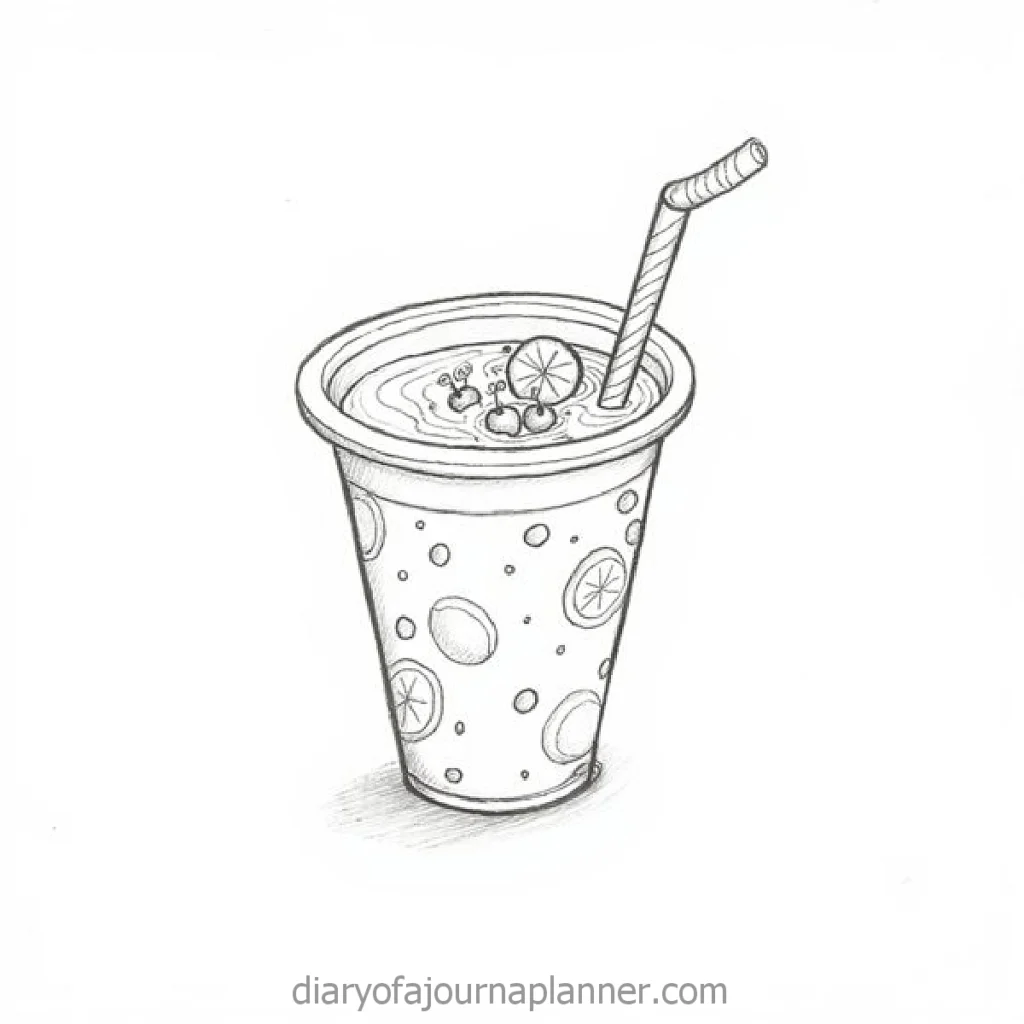 Hand-drawn juice cup with fruit designs and a straw, perfect for summer drink illustrations and creative projects.