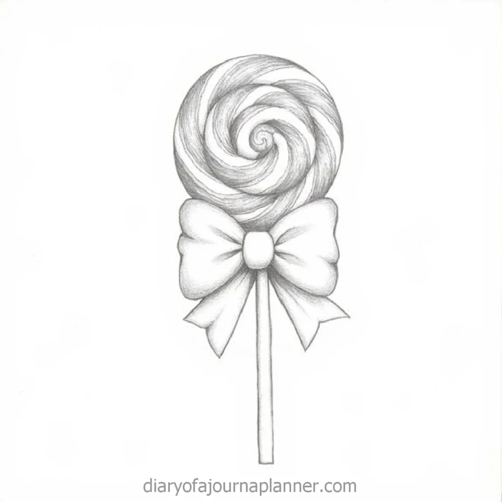 Hand-drawn lollipop sketch with a swirled top and a decorative bow on the stick.