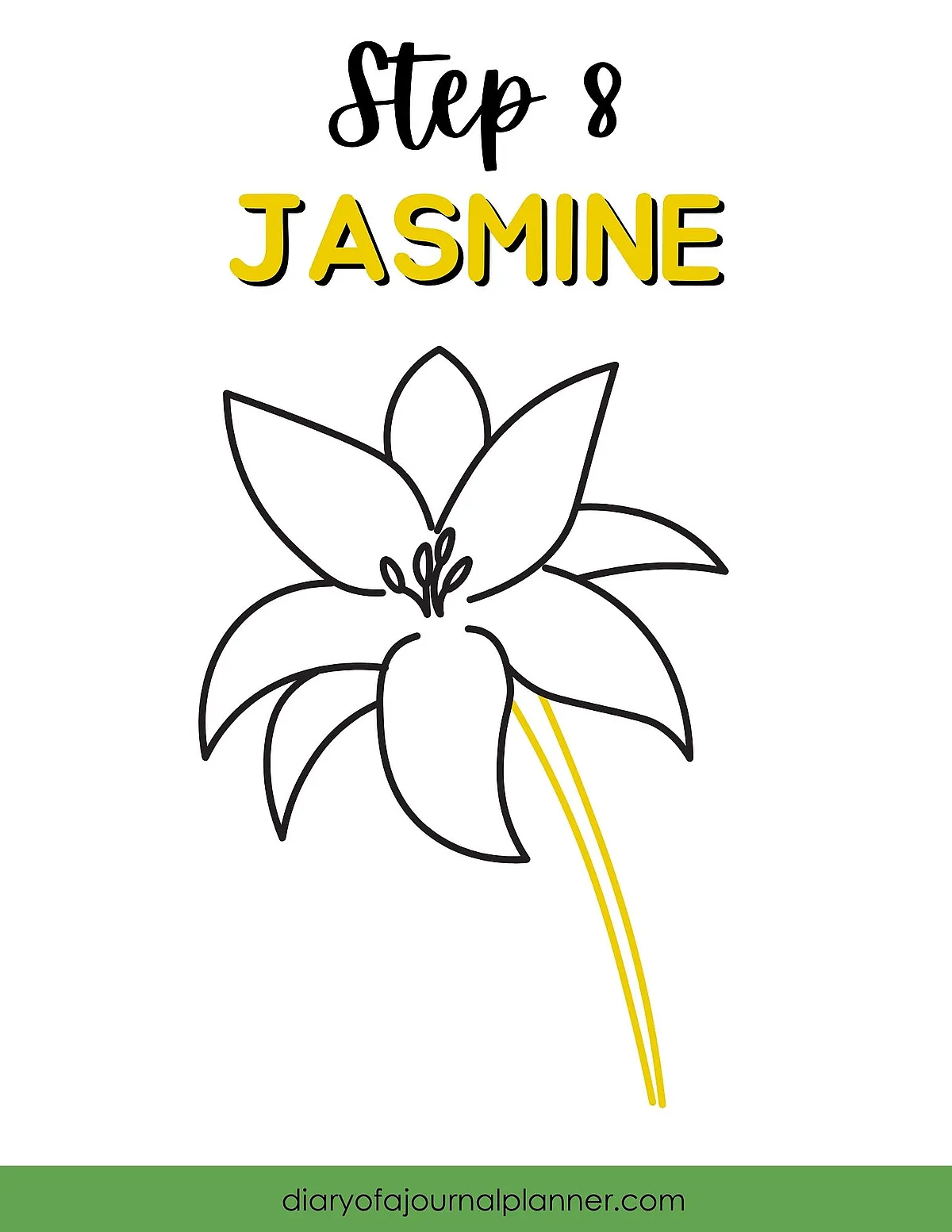 Line drawing of a jasmine flower step-by-step guide, labeled Step 8 Jasmine.