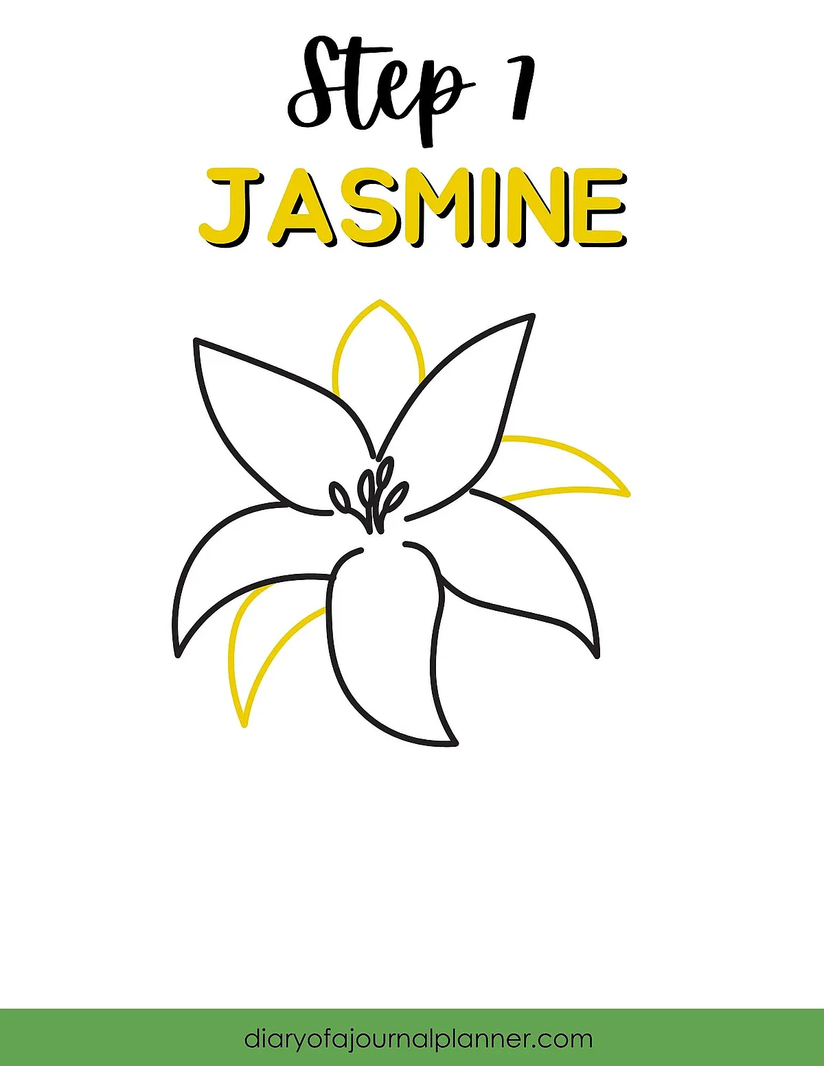 Step 1: Simple jasmine flower drawing guide with bold outlines and text for easy sketching.