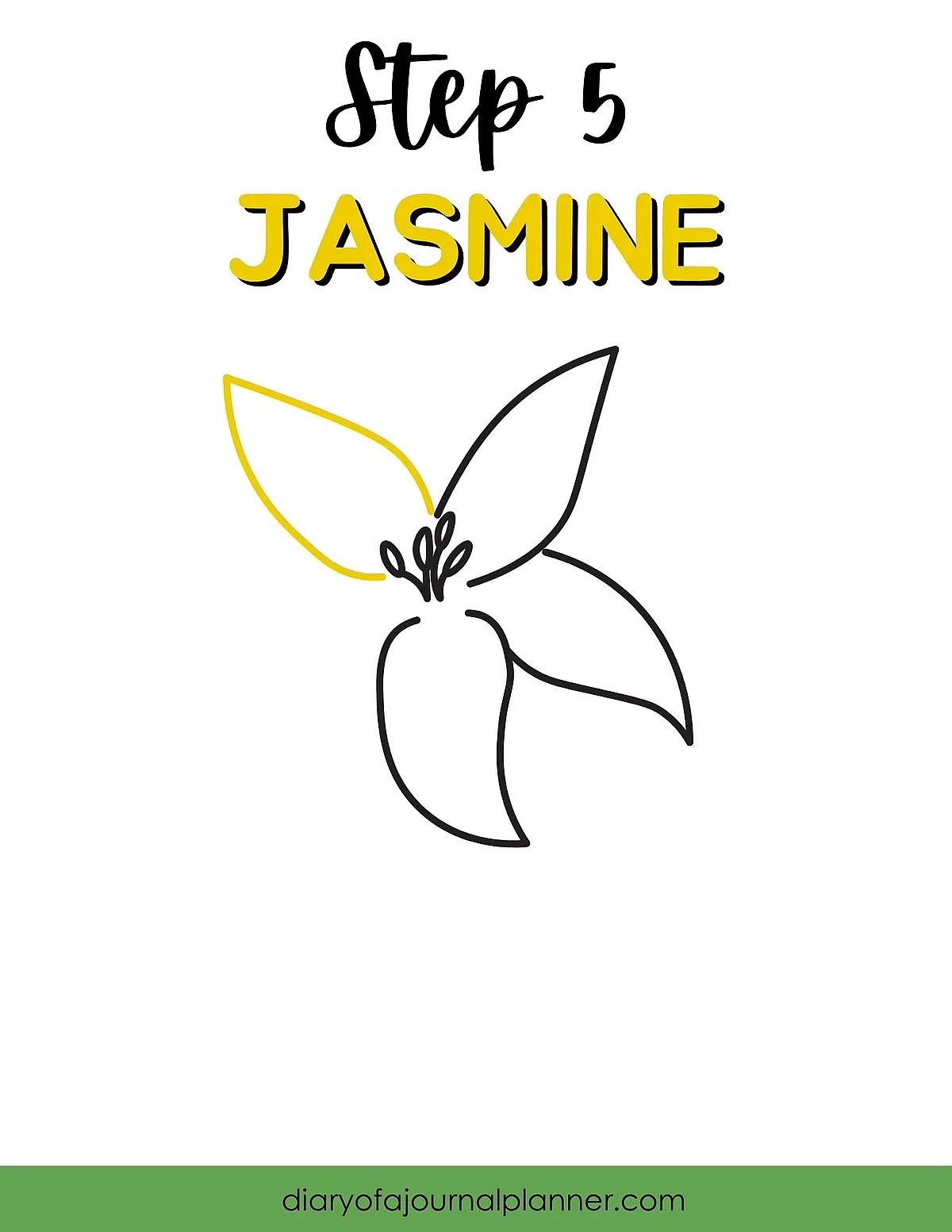 Step 5: Jasmine flower sketch guide with simple three-petal line drawing. diaryofajournalplanner.com