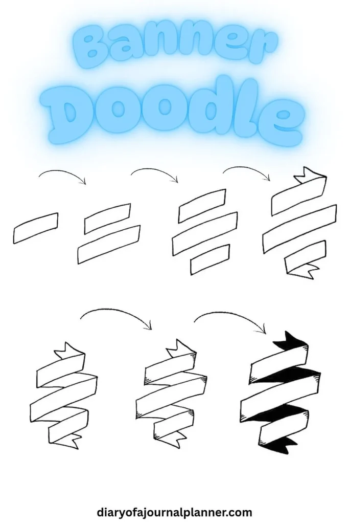 Step-by-step guide for drawing ribbon banner doodles, featuring arrows for guidance.