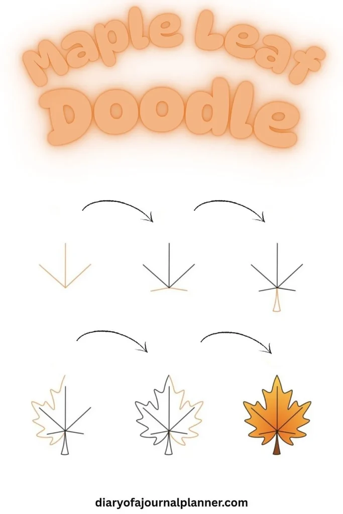 Step-by-step maple leaf doodle guide, showing how to draw a simple maple leaf design.