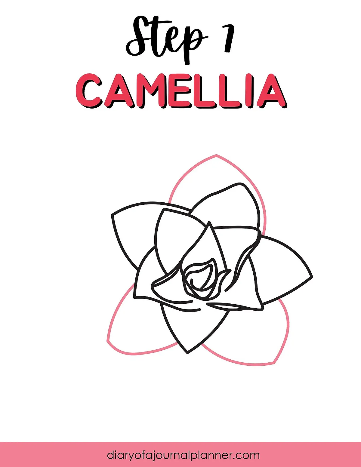 Step 1: Simple camellia flower drawing with bold outlines and text for journaling or art guide.