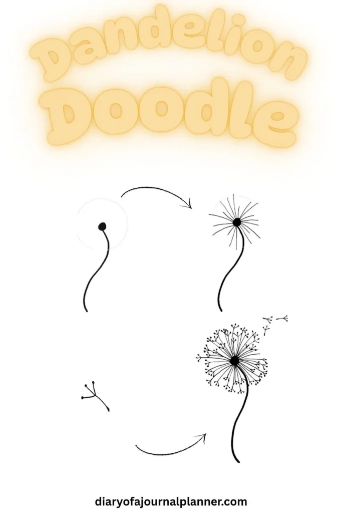 Dandelion doodle guide with step-by-step drawing process for sketching whimsical flowers.